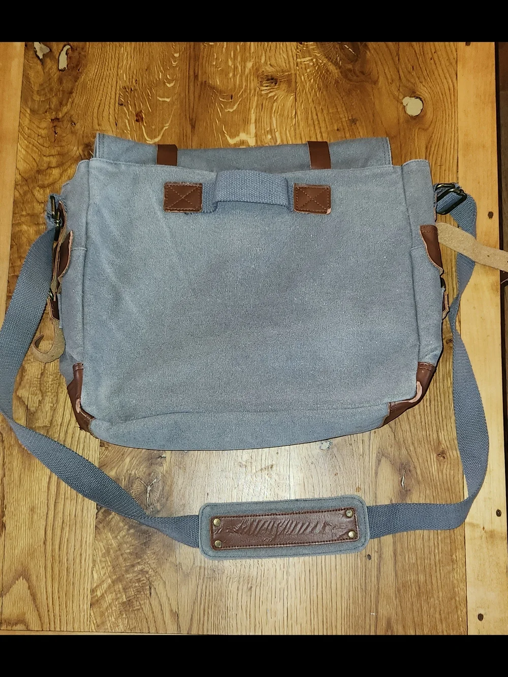 Canvas Messenger Bag with Brown Leather Trim - Gray Men's Shoulder Bag